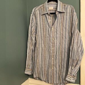 Brioni mens XL linen button down - stripes in shades of blue and brown